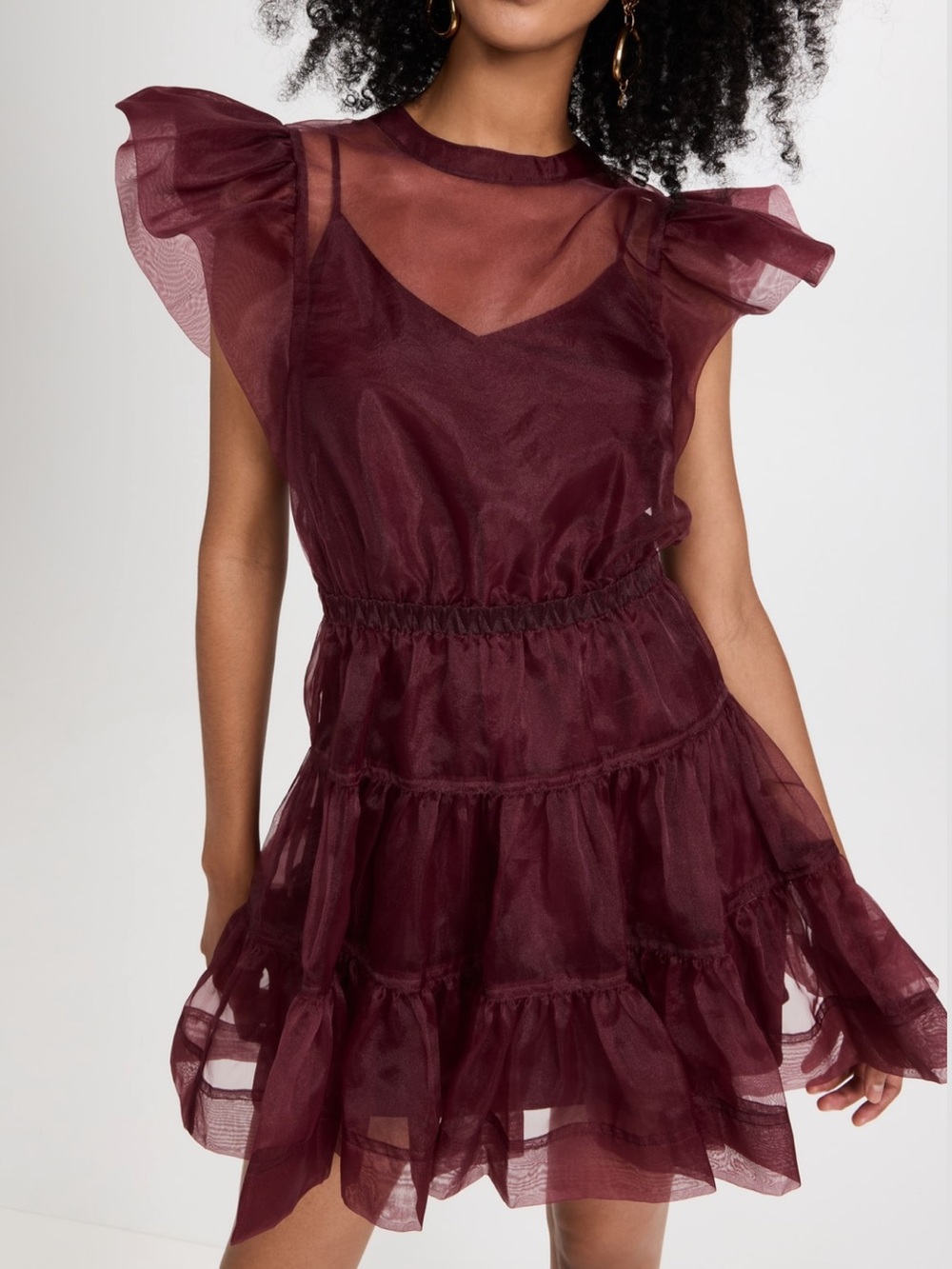 Burgundy Sheer Ruffle Tiered Mini Dress